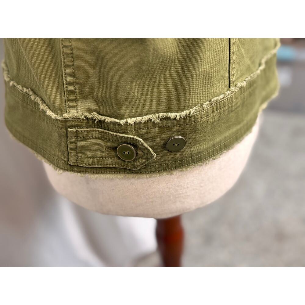 Habitat olive green denim jacket frayed edge cotton stretch pockets fall Sz M - Picture 6 of 9